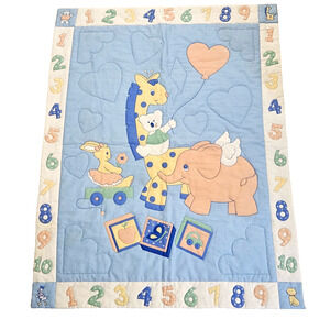 Numbers & Animal Baby Blue  Blanket Crib 34" X 44" Panel Hand Quilted - NEW